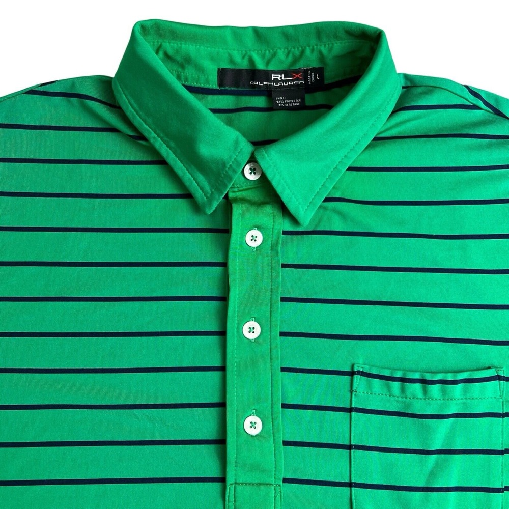 RLX Ralph Lauren Mens Large Green Blue Striped Short Sleeve Collared‎ Golf Polo